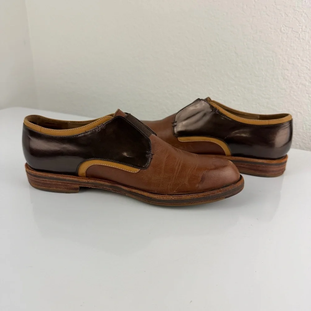 John Fluevog Brown and Dark Brown Leather Slip-On Shoes